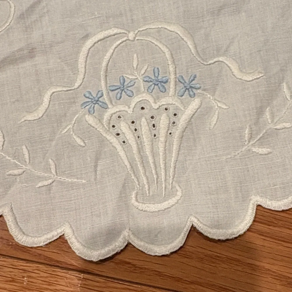 Vintage Cream and Blue Embroidered Linen Doily